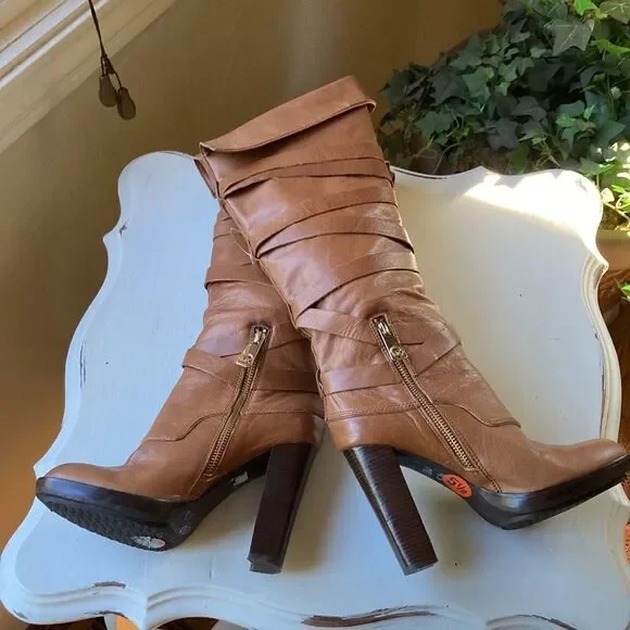 Michael Michael Kors Greenwich Belted Knee High Tan Wrapped Leather Boots Sz 5.5 - Picture 10 of 16
